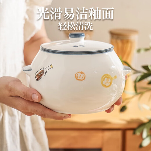 Man丂 double-eared lard jar with spoon large capacity 1.5L high temperature resistant and anti-scalding seasoning jar ceramic lard jar kitchen seasoning jar double-eared large lard jar with spoon white and blue