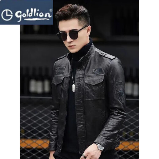 金利来（Goldlion）2025春秋新款海宁绵羊真皮皮衣男修身机车立领短款皮夹克休闲外套 黑色- 加绒 XL -125-135斤