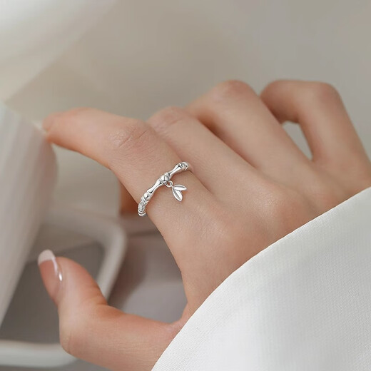 TULM 999 sterling silver bamboo ring women's niche design open ring light luxury vegetarian ring index finger ring Mid-Autumn Festival birthday gift 999 silver bamboo ring R0671