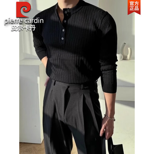 Pierre Cardin black Henry collar long-sleeved T-shirt men's spring and autumn American retro round neck sweater with versatile striped men's knitted black M