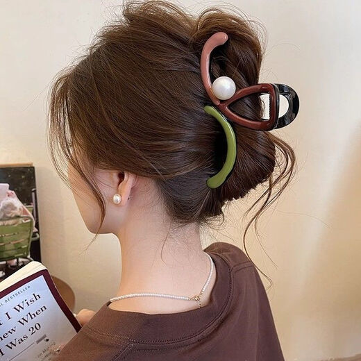 Niche Irregular Contrast Color Drop Glaze Pearl Clip Women's High-Level 2025 New Large Shark Clip Hair Clip Headwear Coffee Green Pearl Version