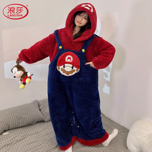 Langsha Ugly Fish Pajamas for Women Autumn and Winter Coral Velvet Couple One-piece Cartoon Funny Nightgown Men's Thickened Plus Size Nightgown A009 (No Shoes) XL