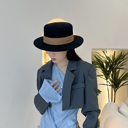 Xiang Jintong Sombrero francés de lana negro de alta calidad para mujer, estilo retro británico, ala plana simple, parte superior plana, sombrero único para mujer, caqui 56-58 cm M (56-58 cm)