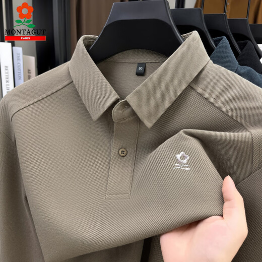 MONTAGUT men's long-sleeved T-shirt autumn new middle-aged dad business casual long-staple cotton anti-wrinkle non-iron lapel polo shirt camel XL 175 (recommended 140-150Jin Jin equals 0.5 kg)