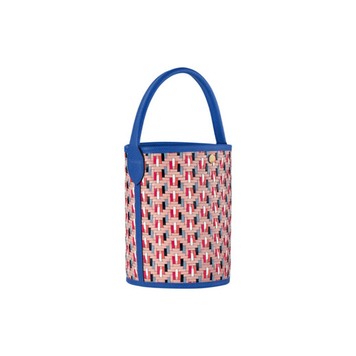 Longchamp pure woven snap short handle bucket bag cowhide shoulder crossbody handbag small women's pink pink blue color matching