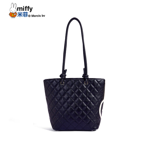 Miffy ring tote bag, fashionable and versatile handbag, high-end bucket bag, birthday gift with zipper, black with white small size