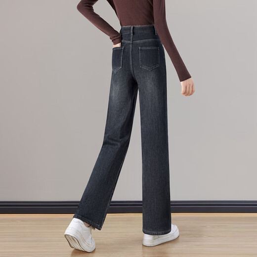 Shechi plus velvet warm straight jeans women's 2025 winter new high-waist slim narrow wide-leg pants