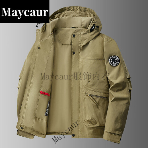 Maycaur small pear bean outdoor work jacket multi-pocket casual spring and autumn loose windproof hooded fishing photography clothing military green L