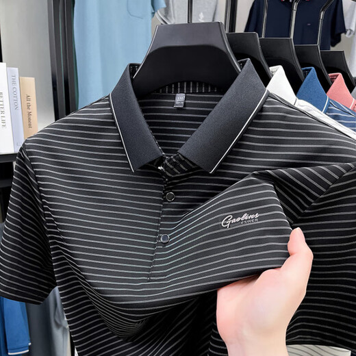 JinBa (JinBa) ice silk short-sleeved T-shirt for men's summer new striped lapel high-end daddy suit business casual half-sleeved polo shirt trendy white JL-9922 L 170 suggestion 115-125Jin [Jin equals 0.5 kg]