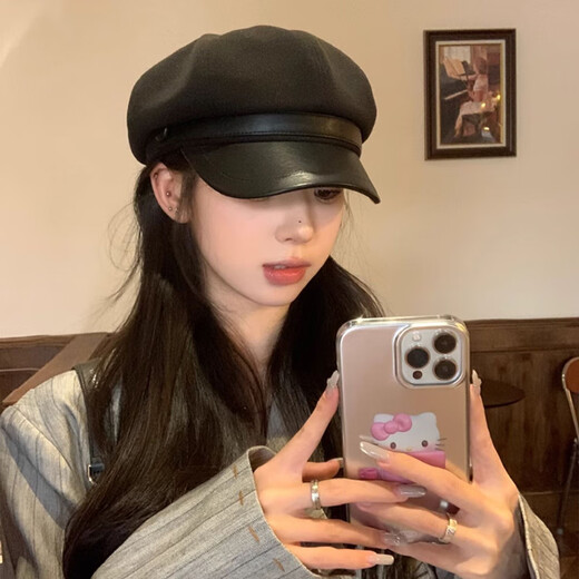 Duokeyu beret hat women's octagonal hat newsboy hat fashionable style big head circumference 2025 new autumn and winter high-looking woolen leather retro beret black