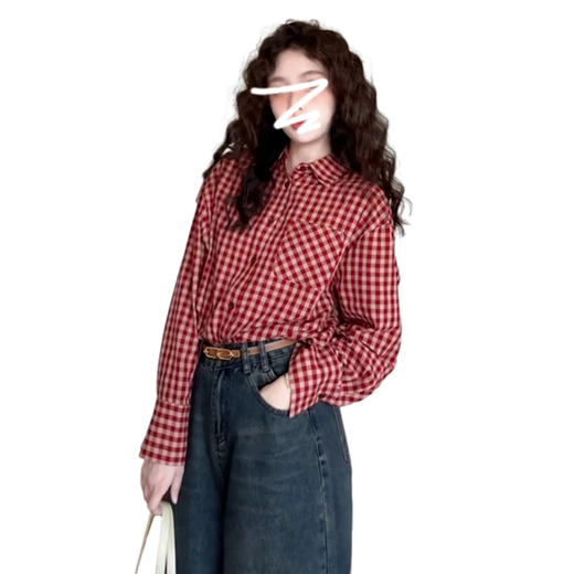 Hong Kong style retro red plaid long-sleeved shirt top for women 2026 new spring and autumn Korean style lazy style shirt jacket red plaid L 55/60kg