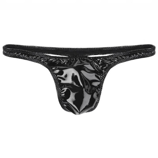 Sexy gay low-waisted t-pants, sexy butt-exposed, thin, stretchy, sexy men's thong, bright leather, U-shaped pouch, single, black sub-size 3XL