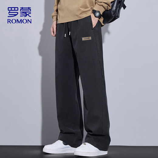 罗蒙（ROMON）裤子男士春季商务宽松休闲裤男裤潮流阔腿直筒裤 黑色 XL