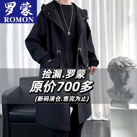 罗蒙（ROMON）男士中长款风衣秋冬季新款宽松休闲外套中青年潮流百搭英伦风男装 黑色加棉F994     加厚 M 100-120斤