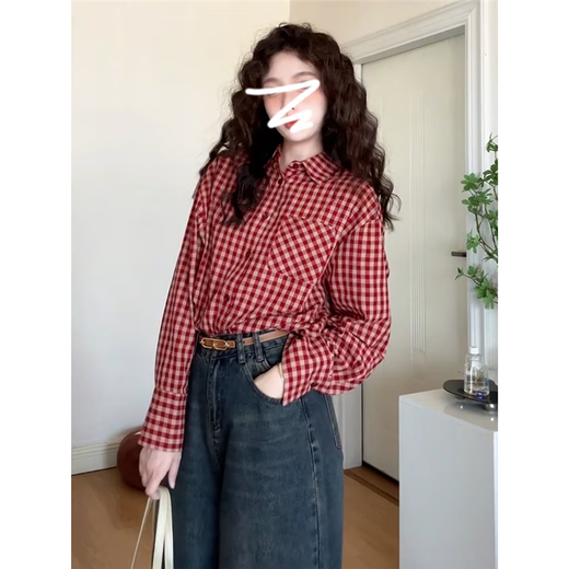 Hong Kong style retro red plaid long-sleeved shirt top for women 2026 new spring and autumn Korean style lazy style shirt jacket red plaid L 55/60kg