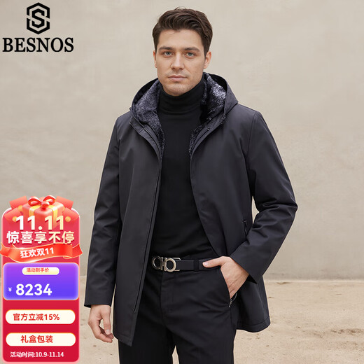 BESNOS Italian brand Nike men's mink lining mid-length parka mink coat winter black L (170)