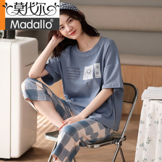 莫代尔品牌高档2025年新款爆款睡衣女夏季纯棉短袖两件套夏天条纹家居服 YZT9853 M 女款 建议80-100斤