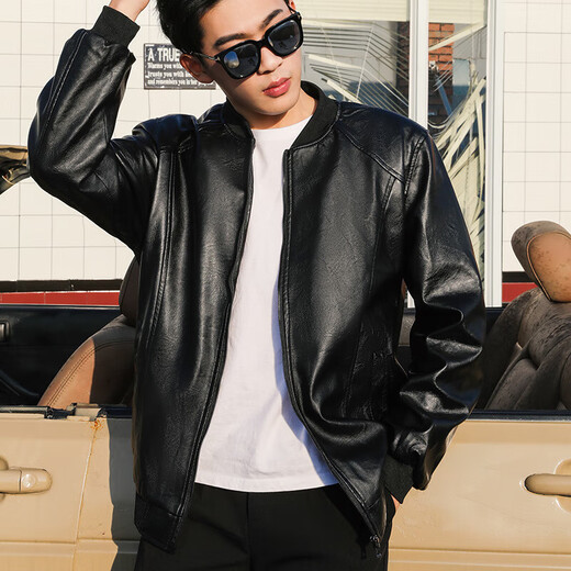 Baseball Uniform Single Jacket Men's Autumn and Winter Velvet Thickened Loose and Versatile Men's Leather Jacket Black Regular M 100Jin Jin is equal to 0.5kg -120Jin Jin is equal to 0.5kg
