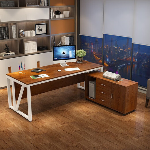 Desk simple modern boss desk and chair combination atmospheric manager desk steel and wood executive desk office furniture black frame + golden oak color 2.0m single table (desktop 2.0*0.8m)
