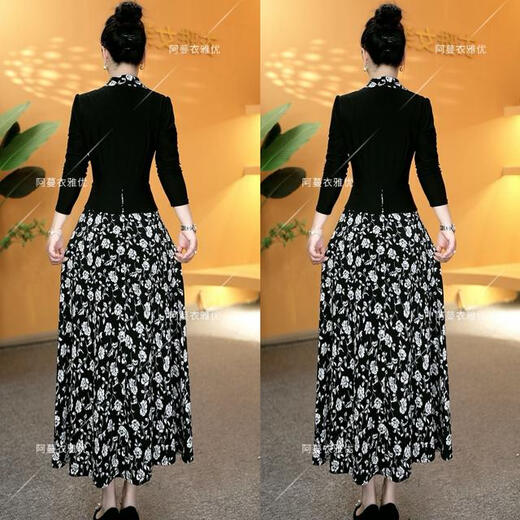 Yiya carefully selects 8124-1477# New Ice Silk Stretch Satin Lapel Fake Two-piece Temperament Dress XL (90-105Jin Jin is equal to 0.5kg)