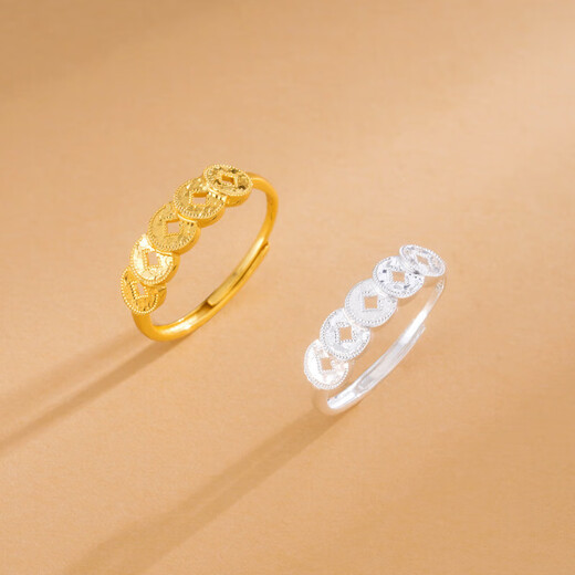 S925 sterling silver money, Duo Duo Lai Cai, copper coin ring, new Chinese style, broken ice, five emperor coins, fashionable CNC ring, gold color, opening adjustable