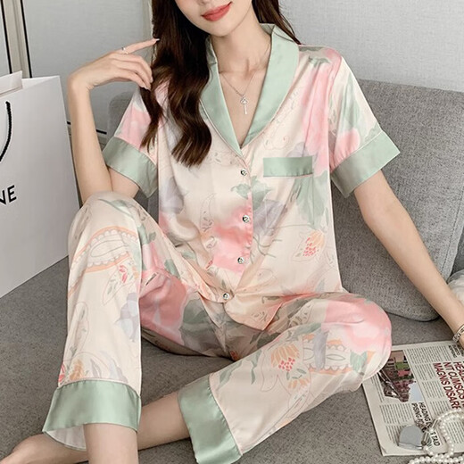 雅鹿网红风夏季睡衣女冰丝牡丹花短袖长裤仿真丝薄款家居服可外穿套装 绿色 9124牡丹花  短袖长裤 M