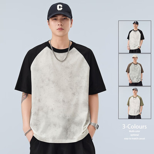 与狼共舞2025新款圆领撞色宽松短袖t恤衫夏季棉质运动上衣男潮流百搭半袖 klb691绿色 M  90--115斤