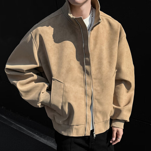 Homlean simple versatile jacket men's autumn American retro pu leather stitching stand collar loose casual jacket HJ52 khaki L