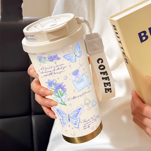 
THERMOS Simple Butterfly Thermos (THERMOS) Stainless Steel Portable Double Drinking Coffee Cup 2025 New Women's Straw Water Cup High-Precision BW1048 Blue Butterfly + Lanyard 316 Stainless Steel