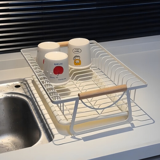 Shijanu new kitchen drain rack dish rack household multi-functional storage rack wooden handle dish drain rack - milky white