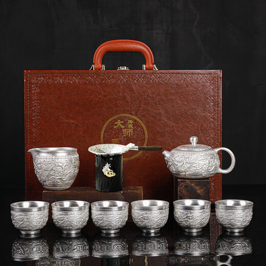 Jiaomingtang 999 sterling silver Kung Fu tea set gift set for leaders and elders to retire, housewarming and retirement practical festival Baifu silver set 10 pieces