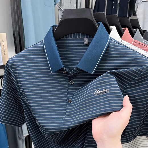 JinBa (JinBa) ice silk short-sleeved T-shirt for men's summer new striped lapel high-end daddy suit business casual half-sleeved polo shirt trendy white JL-9922 L 170 suggestion 115-125Jin [Jin equals 0.5 kg]