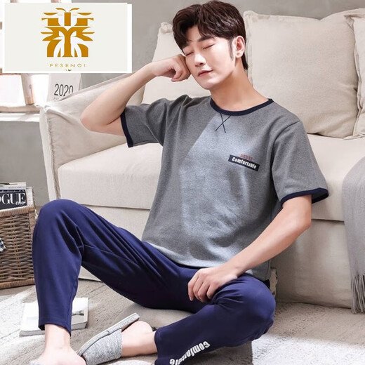 FMSERUIOS Men's Pajamas Summer Combed Cotton Short Sleeve Pants Teenagers Casual Thin Cotton Home Clothing Set Light Gray 3524 3XL