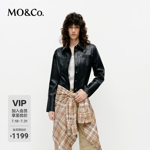 MO&Co.edition Xiaohongshu's popular MOCO jacket 2025 spring new rock plain leather fashion waist-fitting short shirt jacket black xXS/155