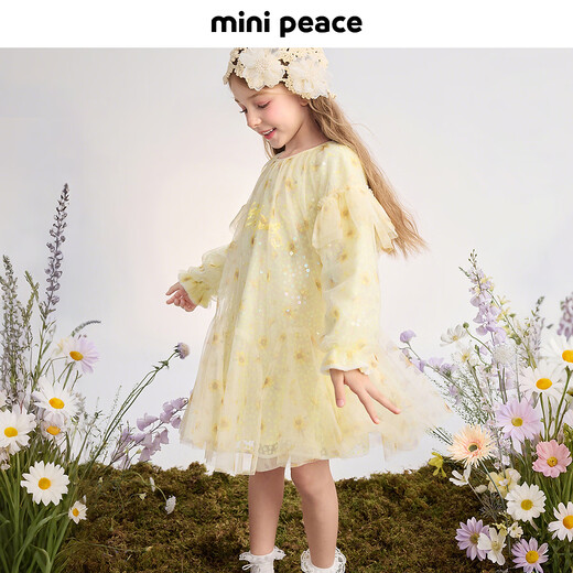 MiniPeace Children's Clothing Autumn New Girls Dress FBFAF3402 Linen Yellow 140cm