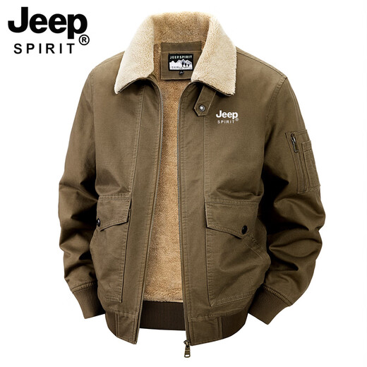 JEEP SPIRIT 2025 winter velvet thickened jacket men's cotton-padded bomber jacket men's large size loose top youth military green XL