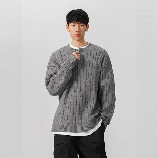 Xianshengyi Gray Thick Thread Henry Collar Sweater Men's Autumn and Winter New Lazy Twist Knitted Sweater American Men's Bottoming Gray M