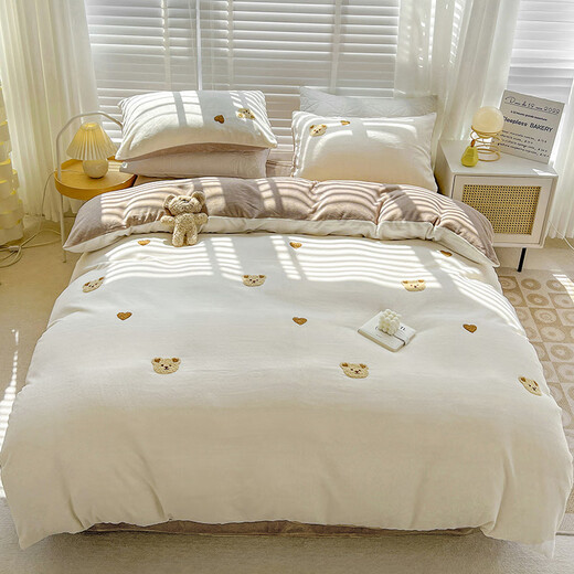 Mercury series thickened warm towel embroidered milk velvet four-piece set, three-piece coral Falay velvet quilt cover, winter 1.8m bedding, milk velvet bear-white coffee bed sheet style x 1.2m bed (quilt cover 150*200cm) three