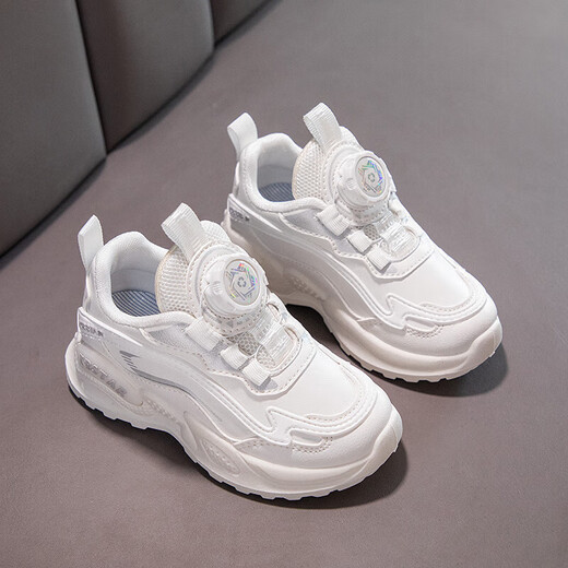 女童鞋旋转纽扣皮网新款春秋款儿童运动鞋中大童跑步鞋 9928 白色皮面 31