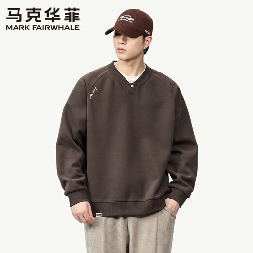 Mark Huafei Henry Collar Sweatshirt for Boys Spring and Autumn American Trendy and Handsome Splicing Casual Versatile Loose Top Men's Pullover Dark Brown Velvet M (110-130Jin Jin is equal to 0.5kg)