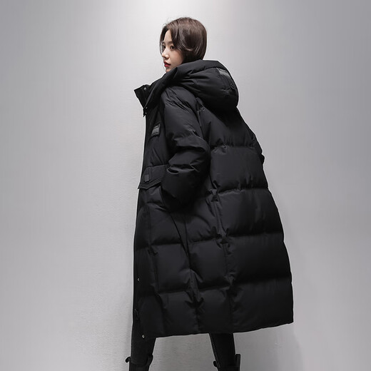 Flying in the Snow Down Jacket Women's Long 25 Winter Over-the-Knee Loose Large Size Thickened 90 Duck Down Warm Hooded Jacket Black M