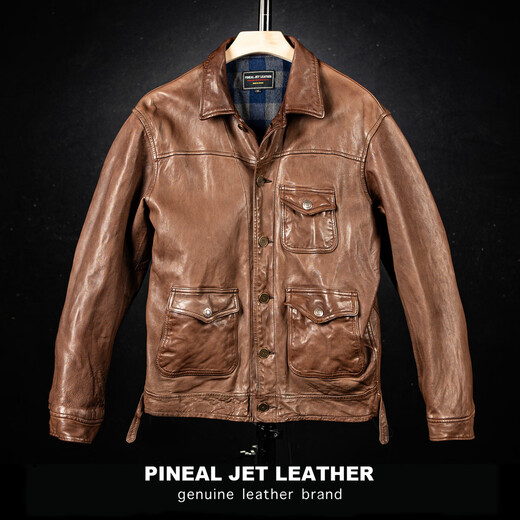 PJL Spring New Top Layer Sheepskin Men's Ready-to-Wear Heavy Washed Retro Distressed Lapel Single Leather Three Pocket Hunting Suit Dark Brown S (125Jin Jin is equal to less than 0.5kg)