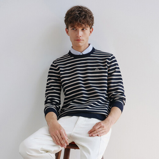 Navigare意大利小帆船假两件针织衫男春秋季老钱风休闲毛衣简约条纹上衣 海军蓝白 L