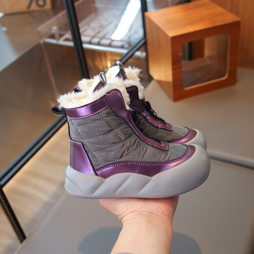 Girls' Cotton Boots 2025 Winter New Children's Anti-ski Boots Girls' Velvet Cotton Shoes Medium and Large Children's Waterproof Short Boots Purple Size 34 Inner Length 21.2cm