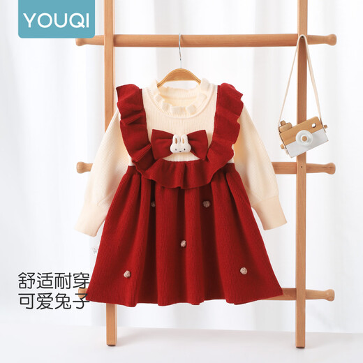 Youqi Girls Red Sweater Dress Winter 2026 Autumn Knitted Baby Fashionable Long Sleeve Baby Dress Princess Dress Cute Bunny 80