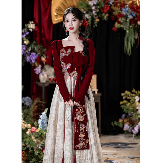 LNGA LANDGRE toasting dress large size fat mm slimming bridal style light luxury long-sleeved new Chinese style wedding engagement homecoming dress burgundy 2XL _140Jin Jin equals 0.5kg -150Jin Jin equals 0.5kg