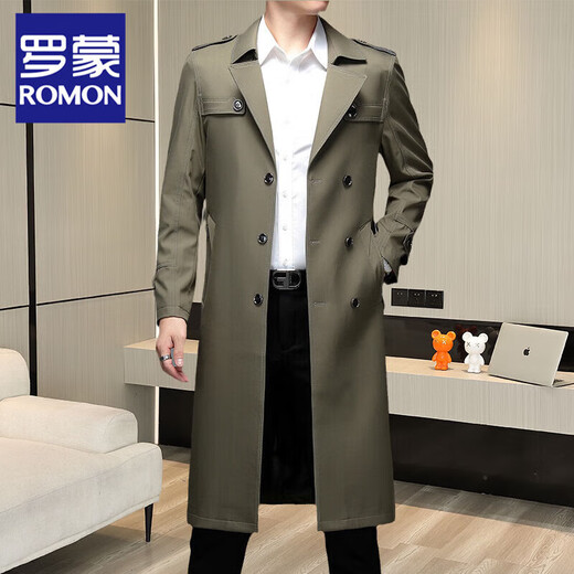 ROMON extra long over the knee spring and autumn versatile windbreaker men's mid-length trendy 2025 autumn and winter new coat double-breasted coat 2168-135 Khaki over the knee XL 140-160 Jin Jin is equal to 0.5 kg