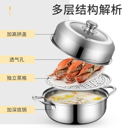 Stainless steel steamer hot pot two-in-one thickened water-proof steamer steamer steamed buns fish and crab household soup pot steamer dual-purpose soup steamer dual-purpose pot with elevated arch cover 28cm