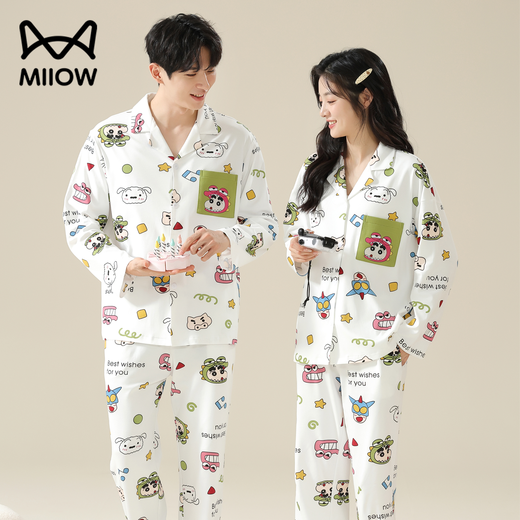 Cat Couple Pajamas Women's Pure Cotton Cartoon Autumn and Winter 25th New Product Crayon Shin-chan Long Sleeve Large Size Four Seasons Home Clothing Set