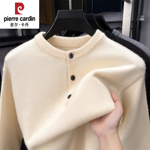 Pierre Cardin Henry collar sweater T-shirt men's long-sleeved autumn new jacquard inner layering shirt three-button round neck men's wool T-shirt black M 105